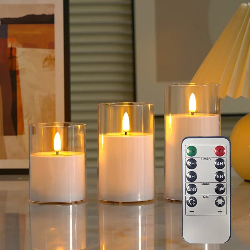طقم 3 شموع LED بدون لهب بلون عنبري مع جهاز تحكم