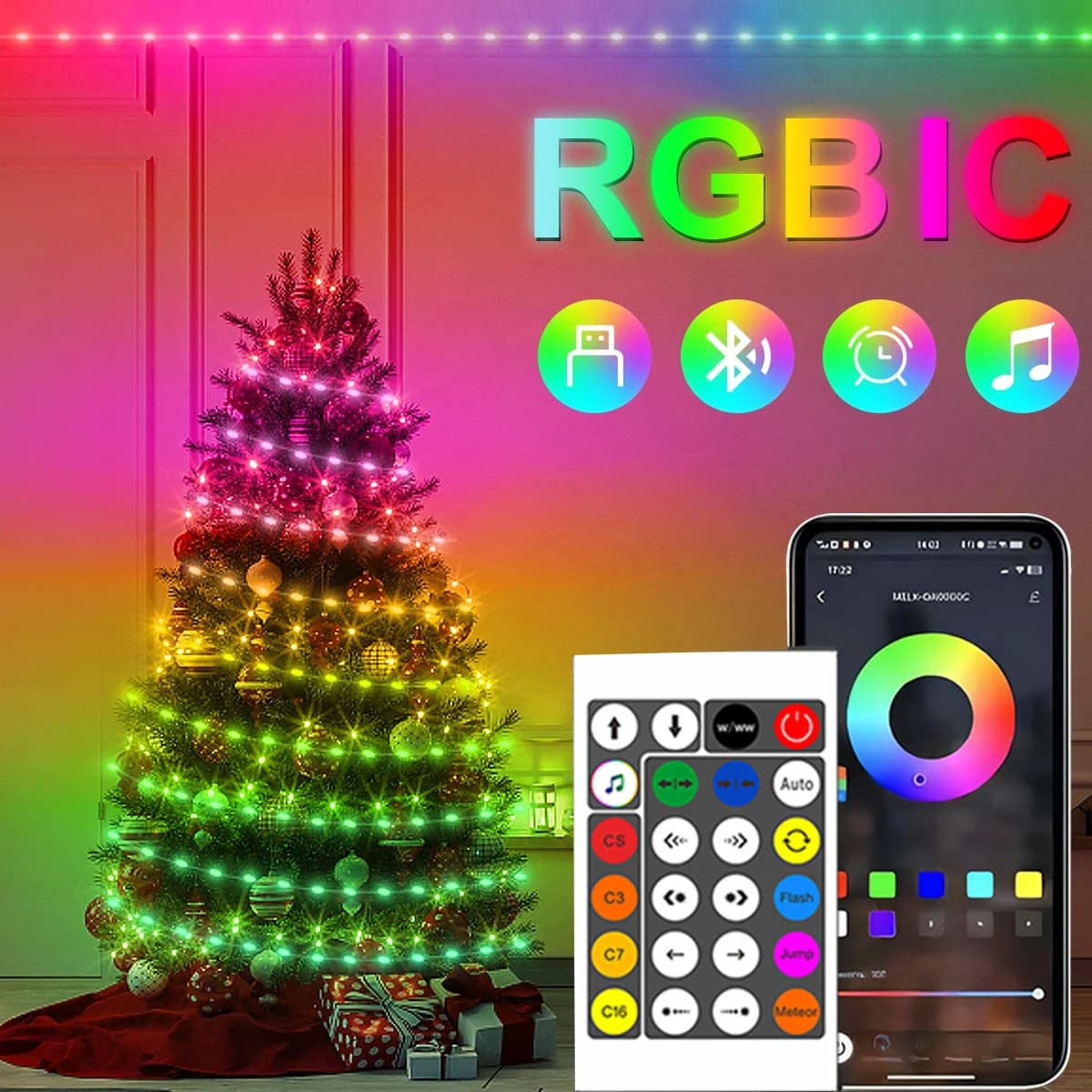 سلسلة أضواء LED قابلة للعنونة RGBIC بطول 20 متر مع بلوتوث وUSB