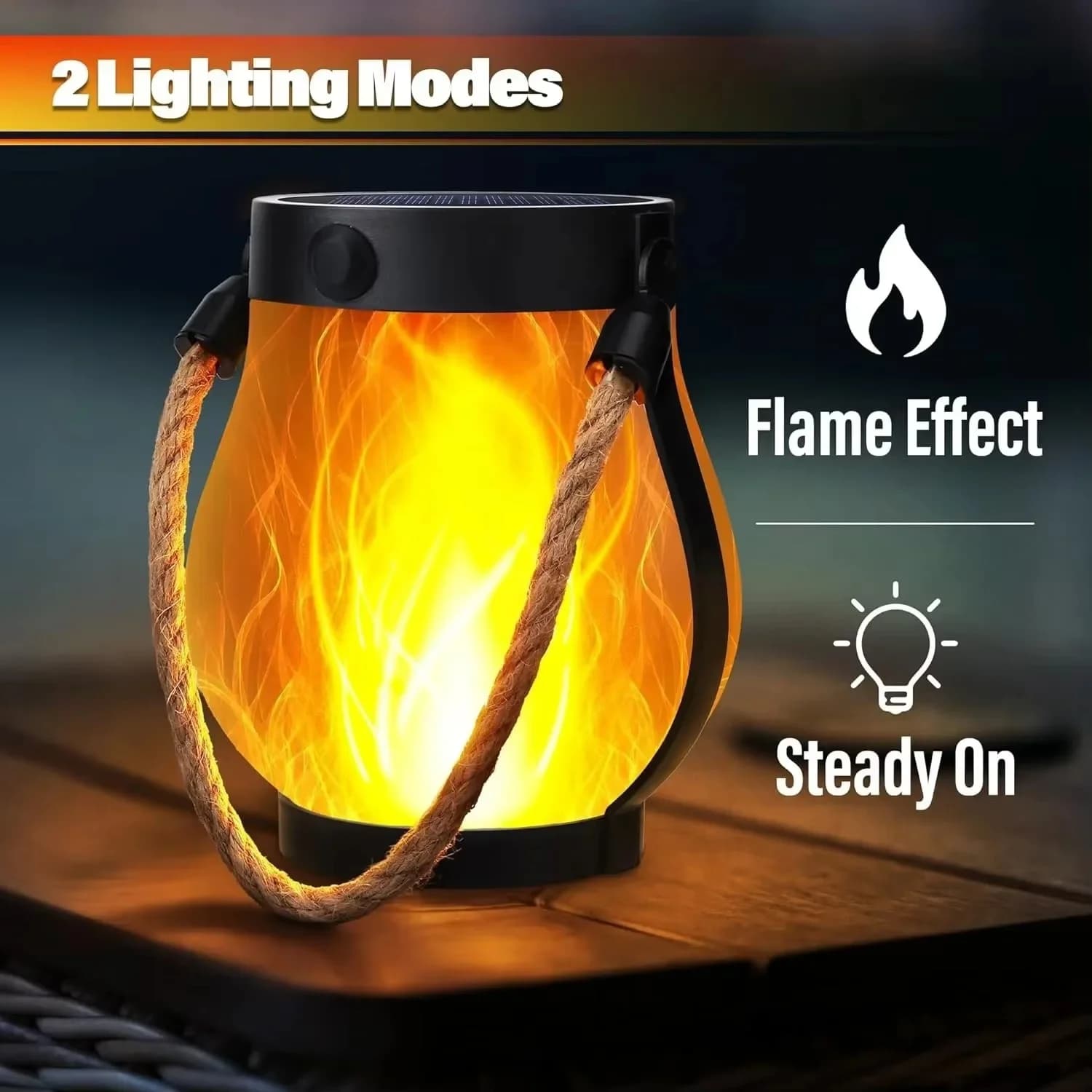 فانوس LED قابل للشحن عبر USB مع حبل القنب، تأثير اللهب