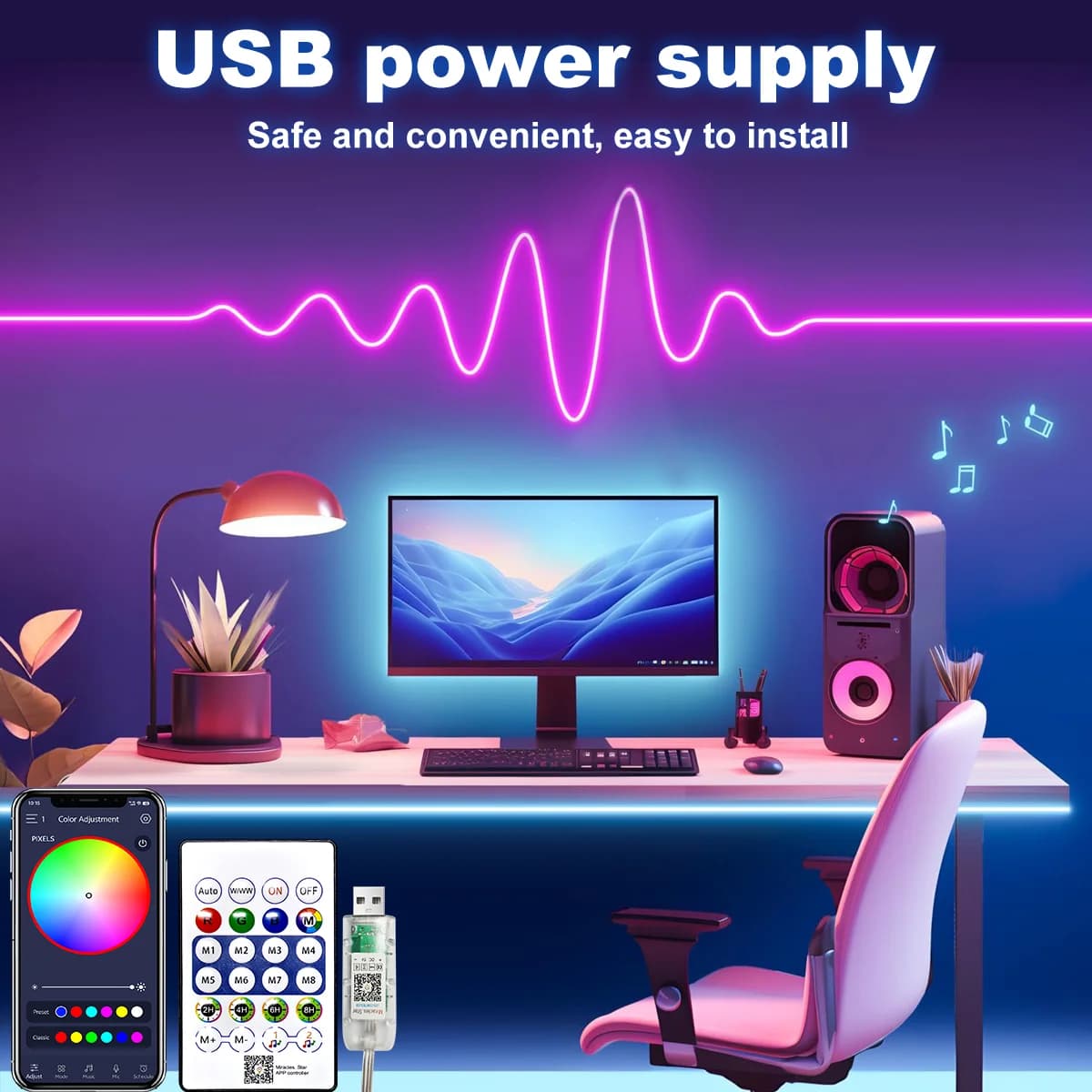 شريط إضاءة نيون قوس قزح USB مع جهاز تحكم بلوتوث