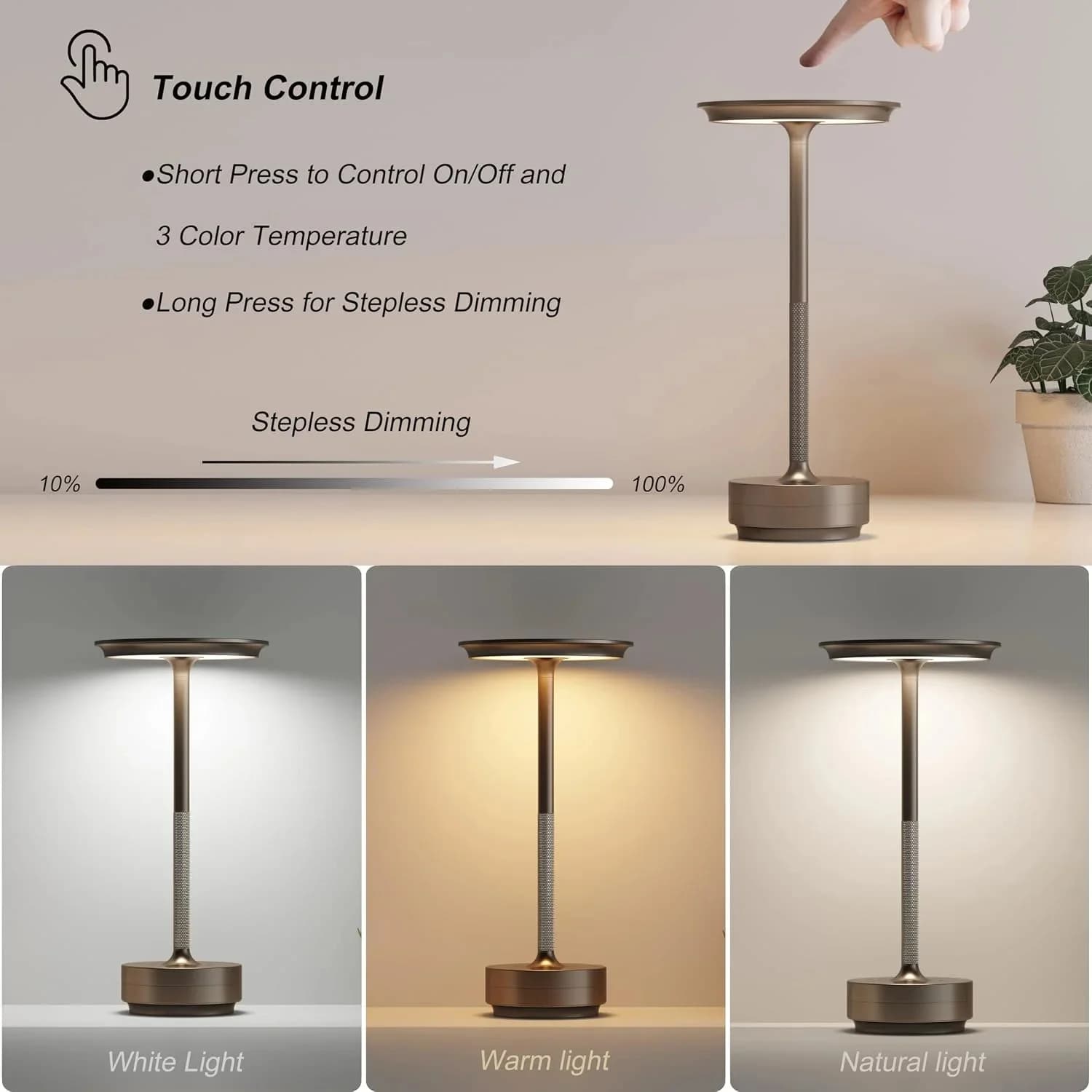 مصباح طاولة LED قابل للشحن بتصميم طبق طائر مع تحكم باللمس