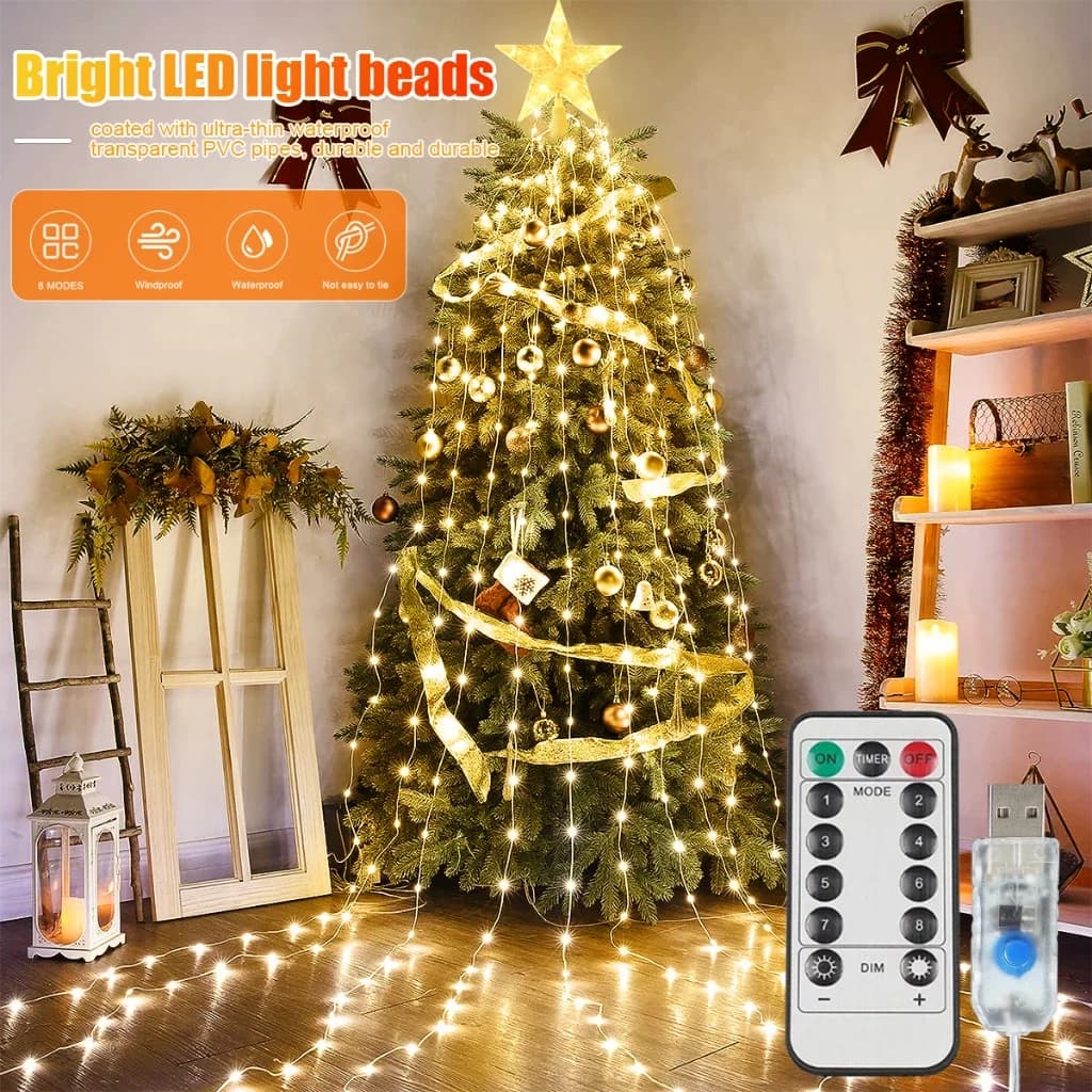 أضواء سلاسل الشلال USB، ديكور LED أبيض دافئ وملون