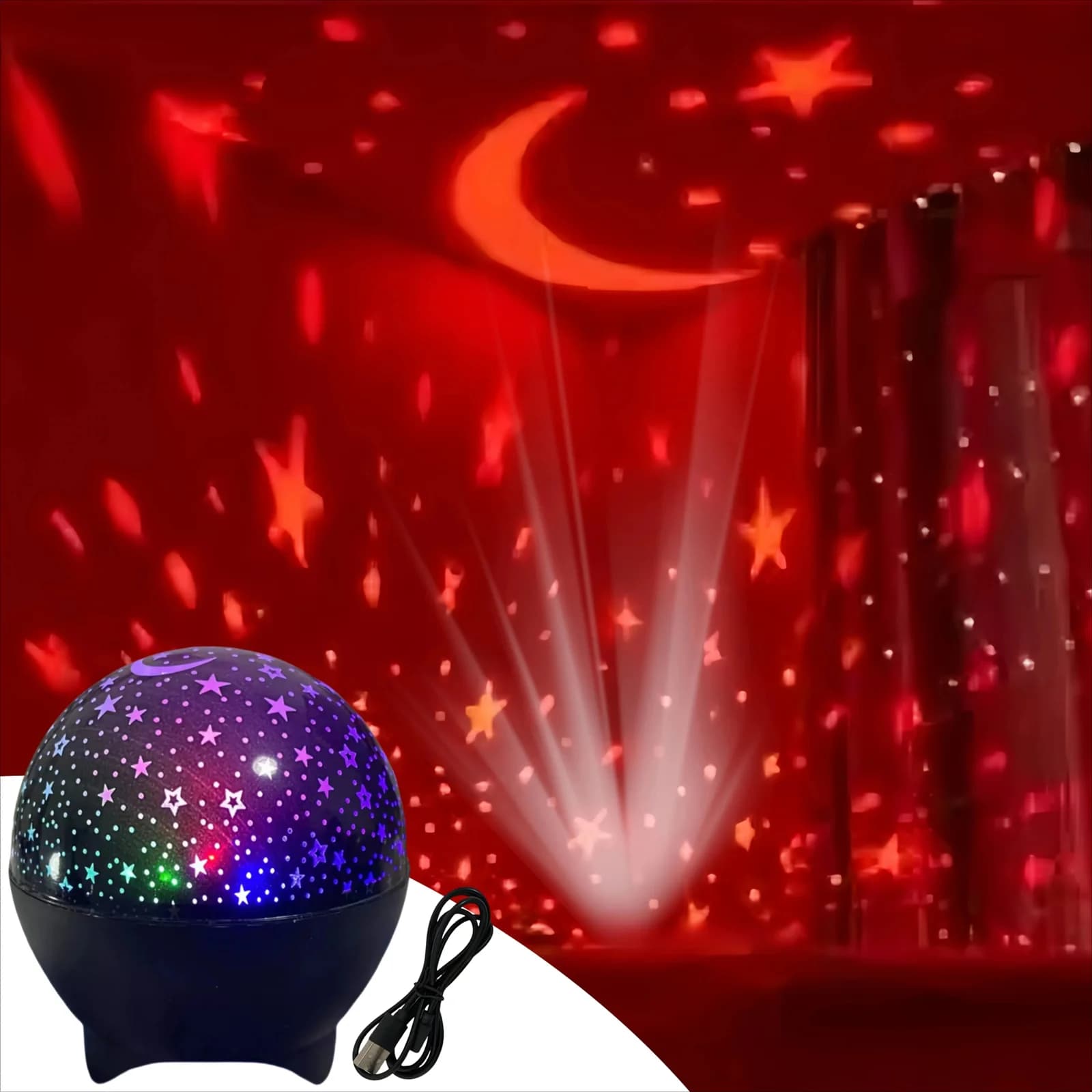 مصباح ليلي صغير بشاحن USB لإسقاط القمر والنجوم، 7 ألوان