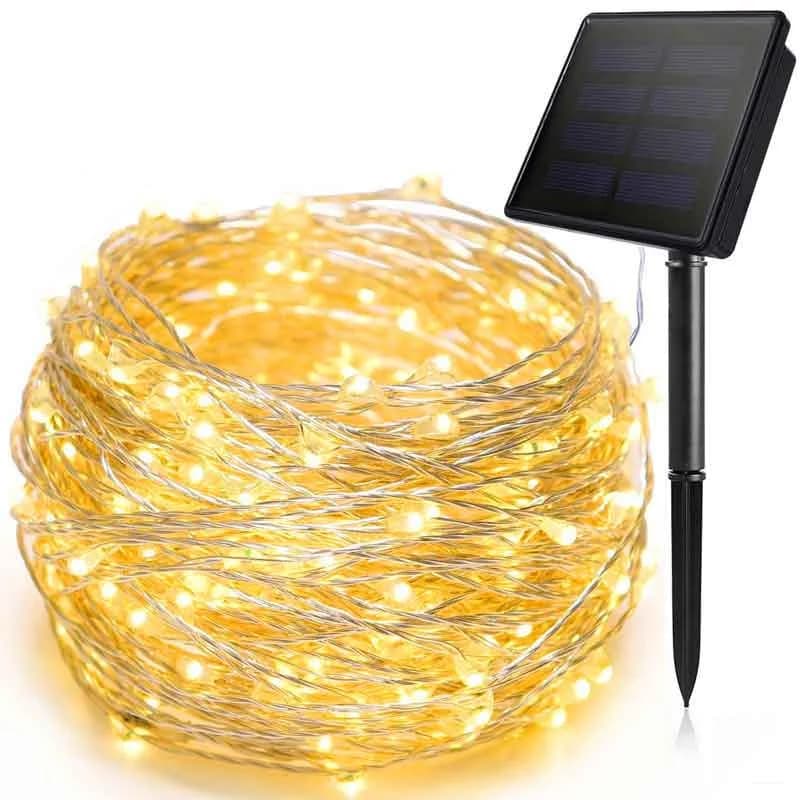 أضواء خيطية شمسية بسلك نحاسي 100 LED، مقاومة للماء للاستخدام الخارجي